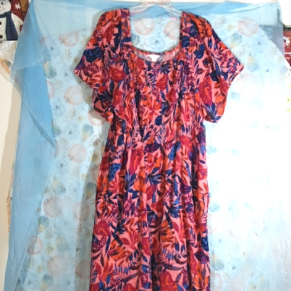 Terra Sky Boho Pink Red Blue Short Sleeve Print Dress 5X - Picture 2 of 5